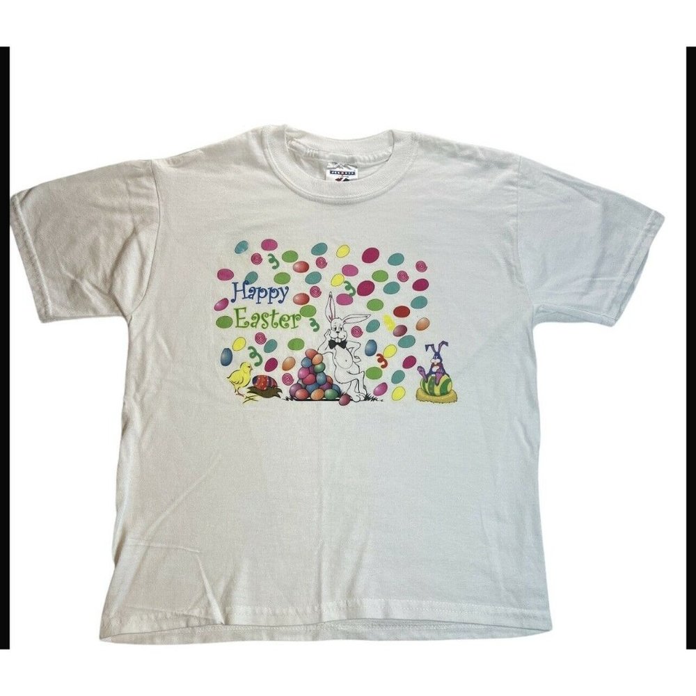 Jerzees Girl’s White Short Sleeve Happy Easter‎ T-Shirt Size 10-12